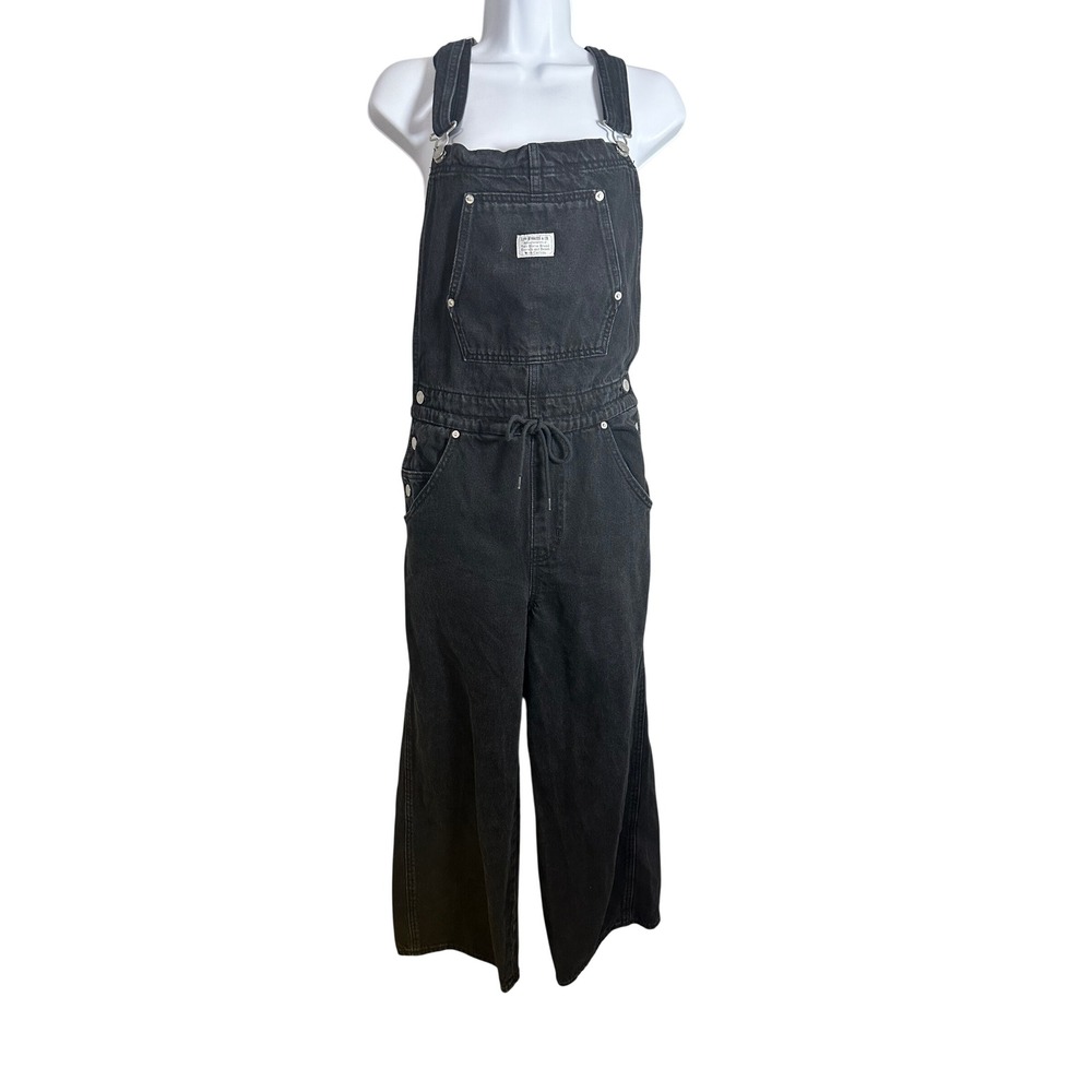 Levi Strauss & Co Womens Black Denim Wide Leg Drawstring Overalls A7458-0004 M
